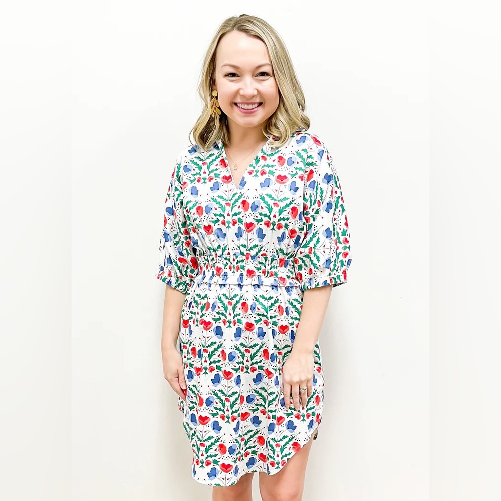 Floral V-Neck Mini Dress in White with Red & Blue Print